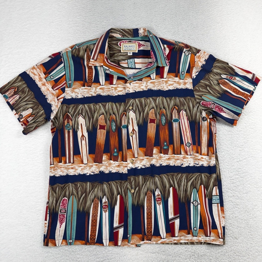 KALAHEO Men’s Hawaiian Camp Shirt Surf Boards Floral Short Sleeve XL Made Hawaii